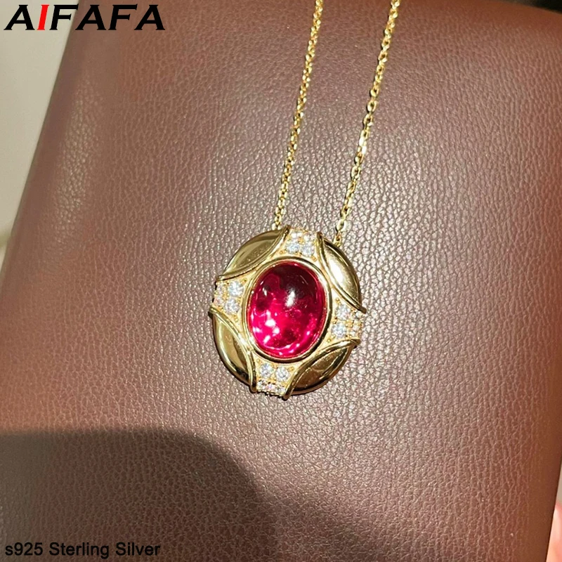 Red Corundum Pendant Necklace Luxury s925 Silver Red Gemstone Plate 18k Gold Neck Chain Fine Jewellery