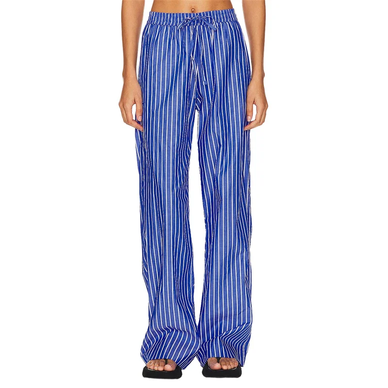 Women Summer y2k Lounge Pants 2000s Stripe Print Drawstring Elastic High Waist Loose Trousers with Pockets Streetwear