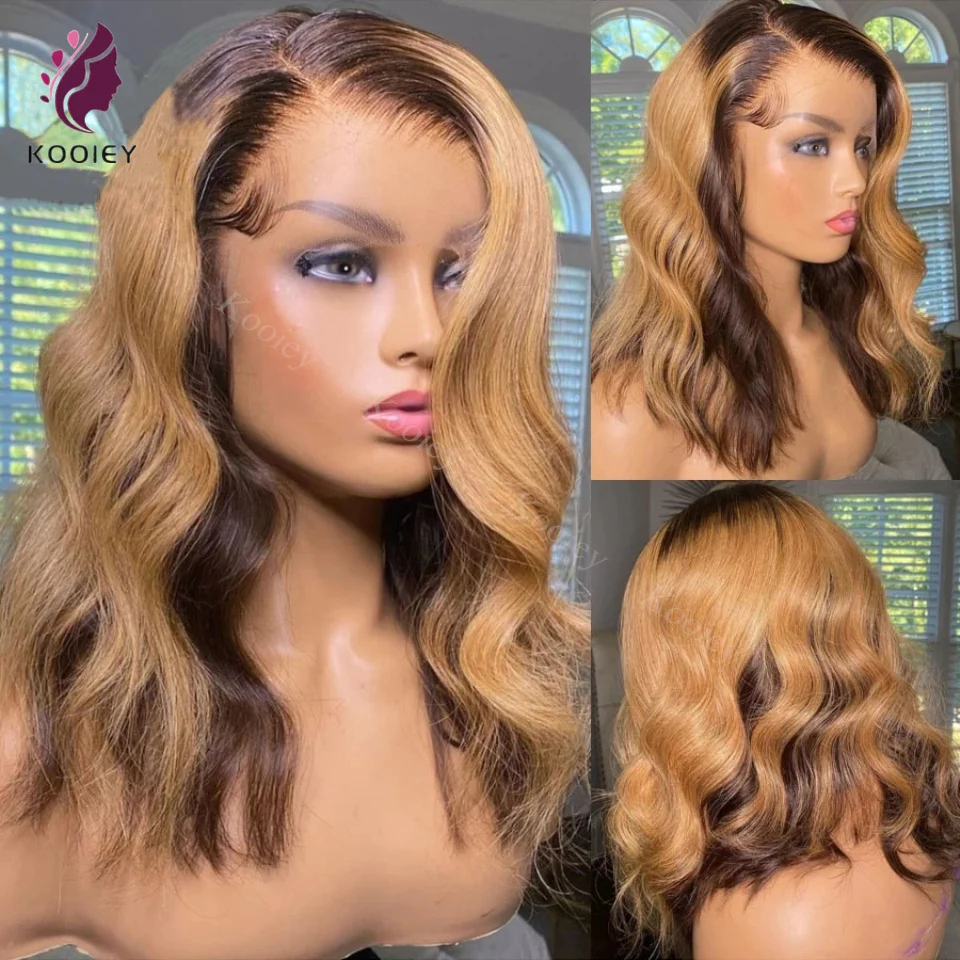 

Highlight Blonde Brown 5x5PU Silk Top Short Wave Bob Closure Wig Brazilian Body Wave Lace Front Wig Pre Plucked With Baby Hair