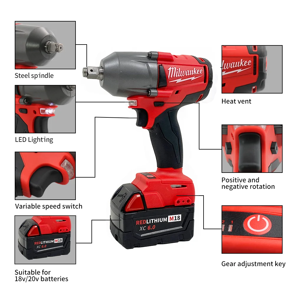 Milwaukee Mid-Torque Impact Professionele Sleutel 18V Lithiumbatterij Elektrische Draadloze Hoge Snelheid Auto Vrachtwagen Reparatie Power Tool Nieuwe