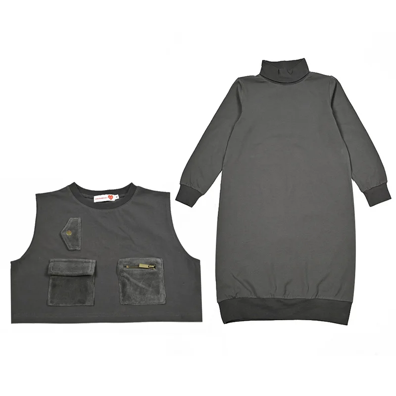 Family clothes pockets wninter design kids set girls dress vest boys top baby romper autumn long sleeves metal ziper pockets