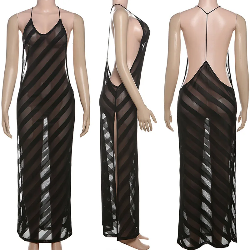 Sexy Zwart Gestreepte See Through Maxi Jurk Verjaardag Vrouwen Avond Celebrity Backless Side Split Nachtclub Prom Party Lange Jurken