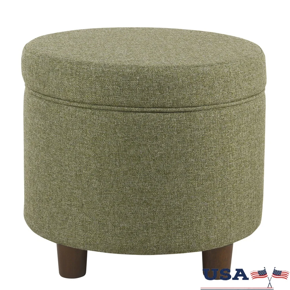 

Round Storage Ottoman with Lift-Off Lid Indoor Use Textured Tweed Upholstery Foam Filling Wood Legs Easy Assembly Mid-Century