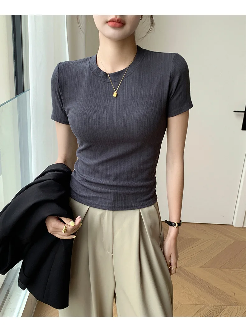 Sommerliches neues Damen-Rundhals-T-Shirt, gestricktes Kurzarm-Oberteil, lässiges Allround-T-Shirt, gestreiftes Basic-Shirt, schmal geschnitten, atmungsaktiv – Detail 21