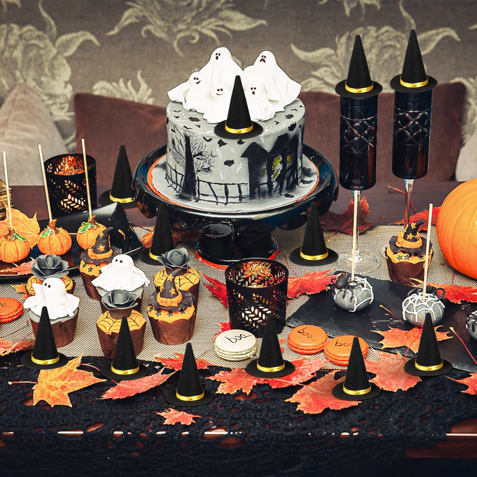 

6-12pcs Tiny Witch Hats Halloween Bottle Ornament Felt Mini Hat Wine Bottle Covers for Party Decor Favor Gift