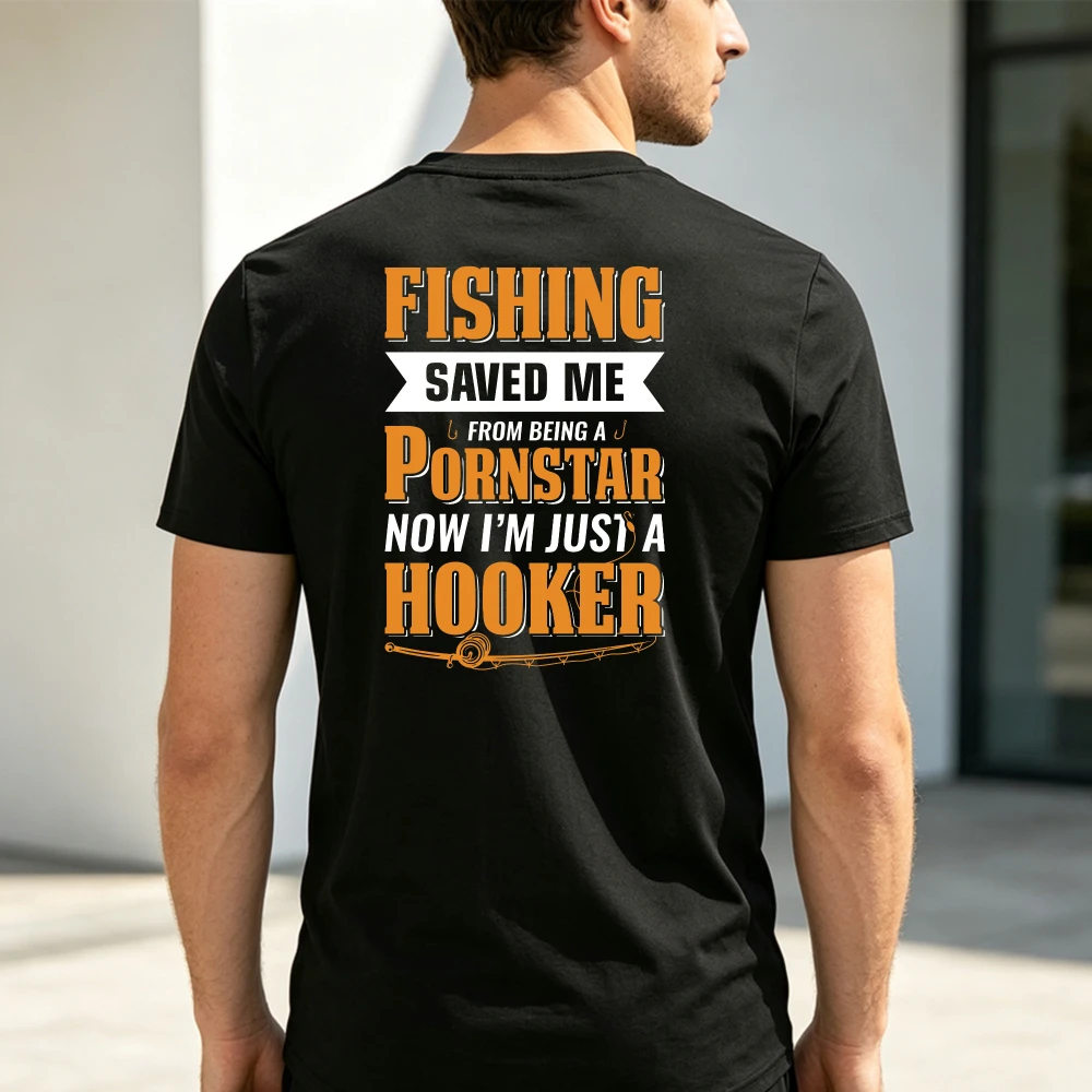 Fishing Hooker Funny Fisherman Quote Retro Fishing Rod Back Print Angler Hobby Outdoor Weekend Men Cotton Short Sleeve T‑Shirt