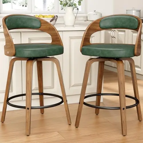 Swivel Bar Stools Set of 1, 26" Counter Height Bentwood Barstool | Mid-Century Modern PU Leather Upholstered Bar Chair view 3