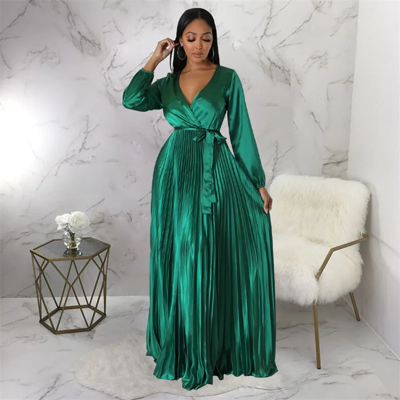 Sexy Pleated Prom Dress Women Night Club Lantern Sleeve V-neck Maxi Dress Elegant High Waist Birthday Dresses with Belt Vestidos