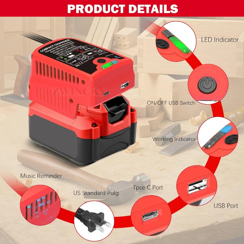 

Для CRAFTSMAN 20 В 3A Зарядное устройство для литий-ионных аккумуляторов CMCB102 Перезаряжаемый электроинструмент Зарядное устройство для литиевых аккумуляторов 100 В/240 В с USB Type-C