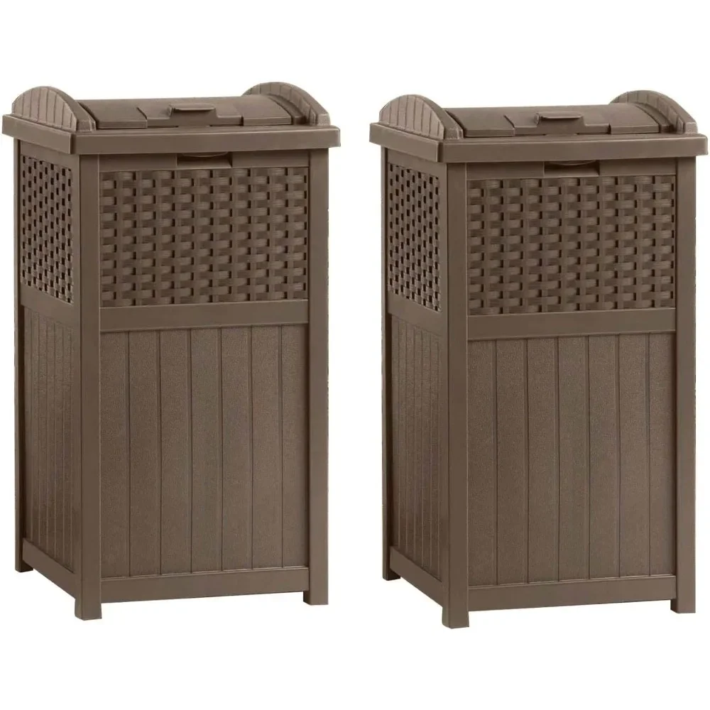 Outdoor commercial 33 gallon resin trash can with lid and manual lifting mechanism, used for garage, brown