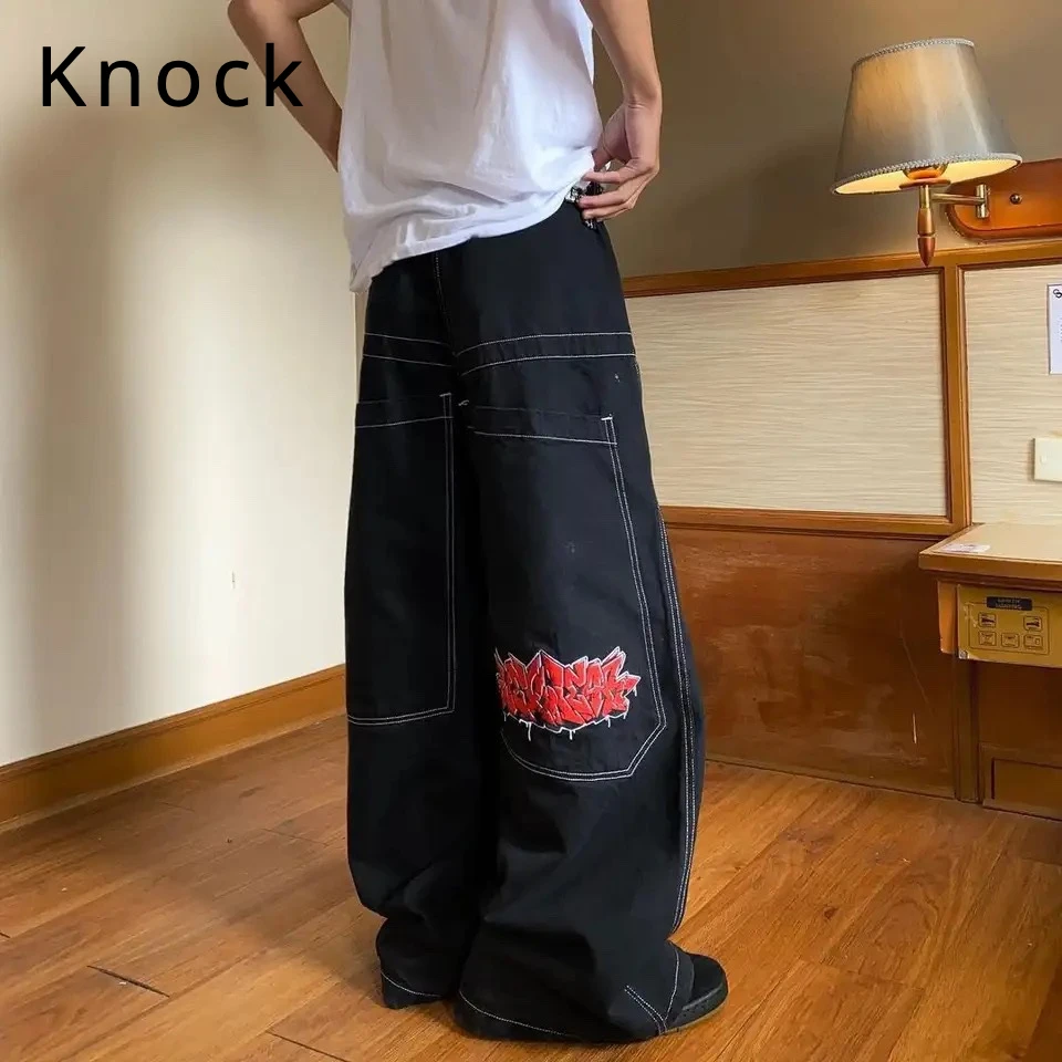 

Knock Trendy High Street Embroidery Demin Jeans for Men Women Hip Pop Loose Fit Wide Pants for Couple Middle Rise Jeans