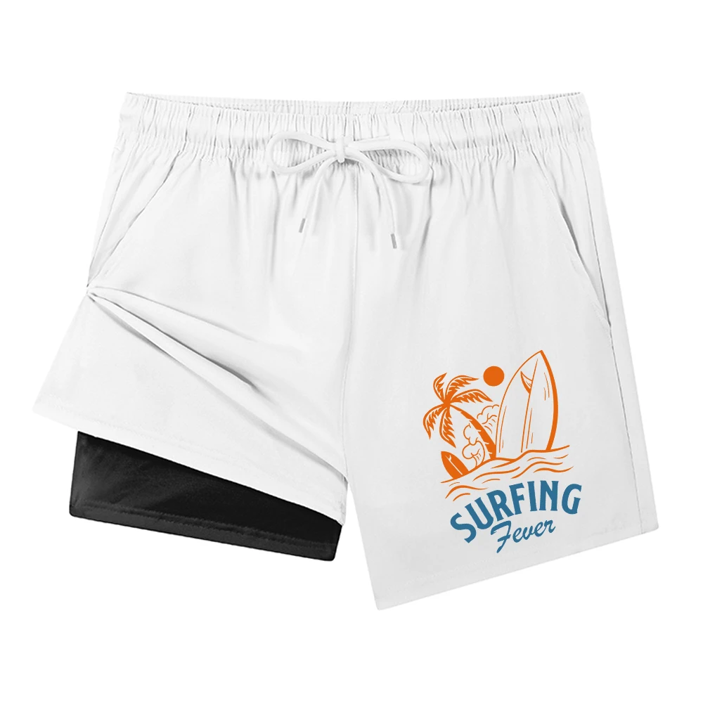 Men's Creative Surf Print Sports Shorts Elastic Quick Drying 2 In 1 Fashion Casual Beach Shorts With Inner Cell Phone Pocket