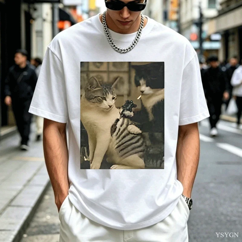 Tattoo Cat Meme T Shirt Casual Cotton Short Sleeve Graphic Tees Streetwear High Quality Casual Men's Clothes Y2k Streetwear