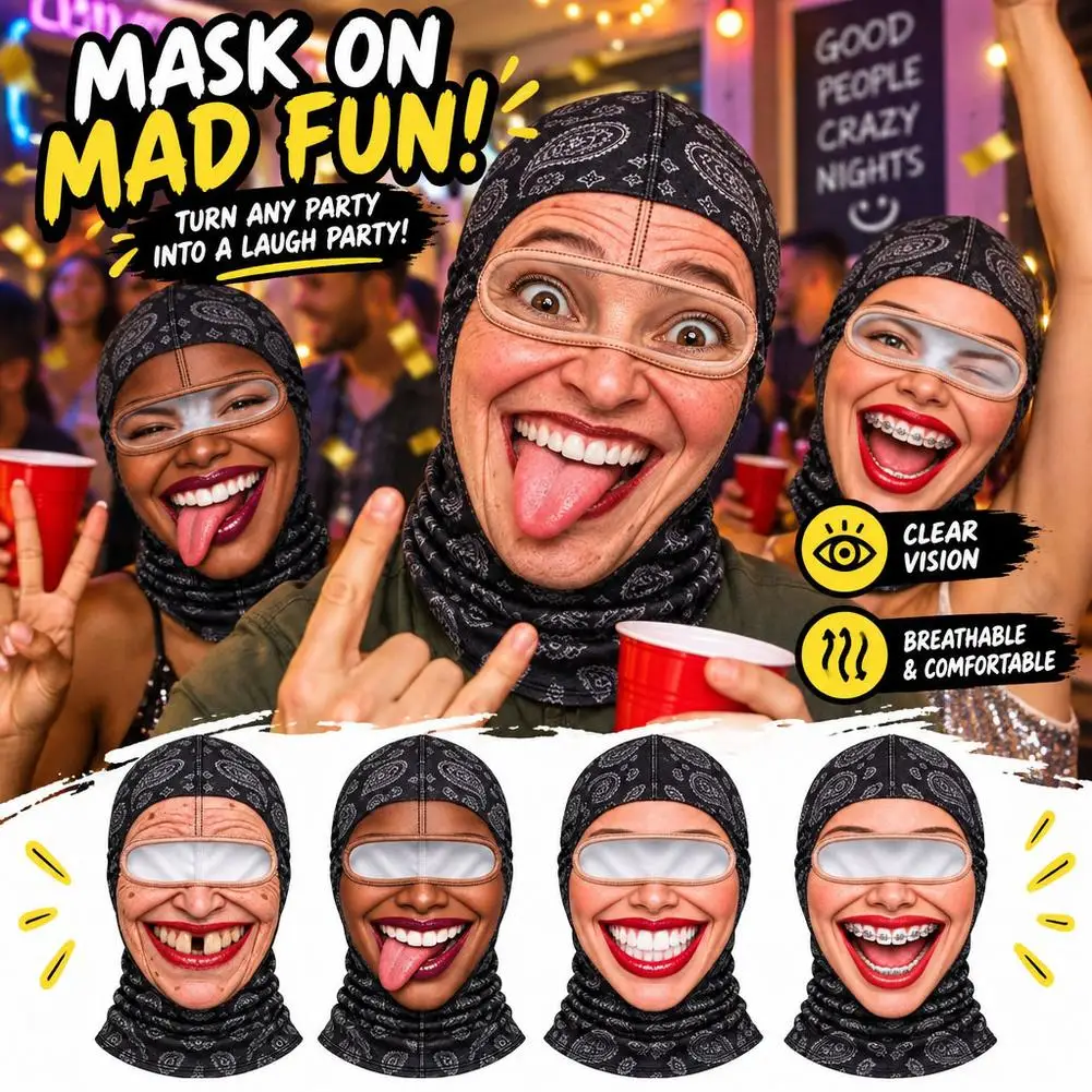 Head Cover Funny 3D Face Printed Balaclava Full Coverage Breathable Face Mask Cover Elastic Stretch Novelty Headwear Costumes