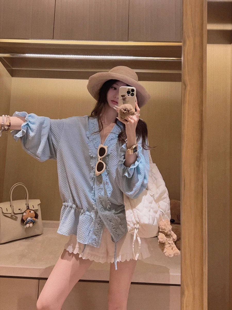 Yukiss Original Girl Feel Lace  Drawstring Waist Blouse Hemline Casual Style Long Sleeve Knitted Top Women's Fashion