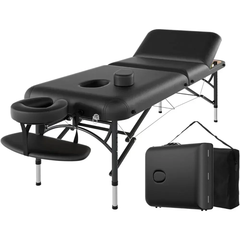 Mesa de massagem profissional portátil com bolsa de transporte, cama altura ajustável, 3 dobrável, leve, salão facial, spa, tatuagem, 84"