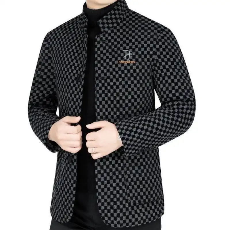 Winter Woolen Jacket for Men With Thick Fleece Trendy Checkered Warm Jacket Stand Collar Coat with Pockets