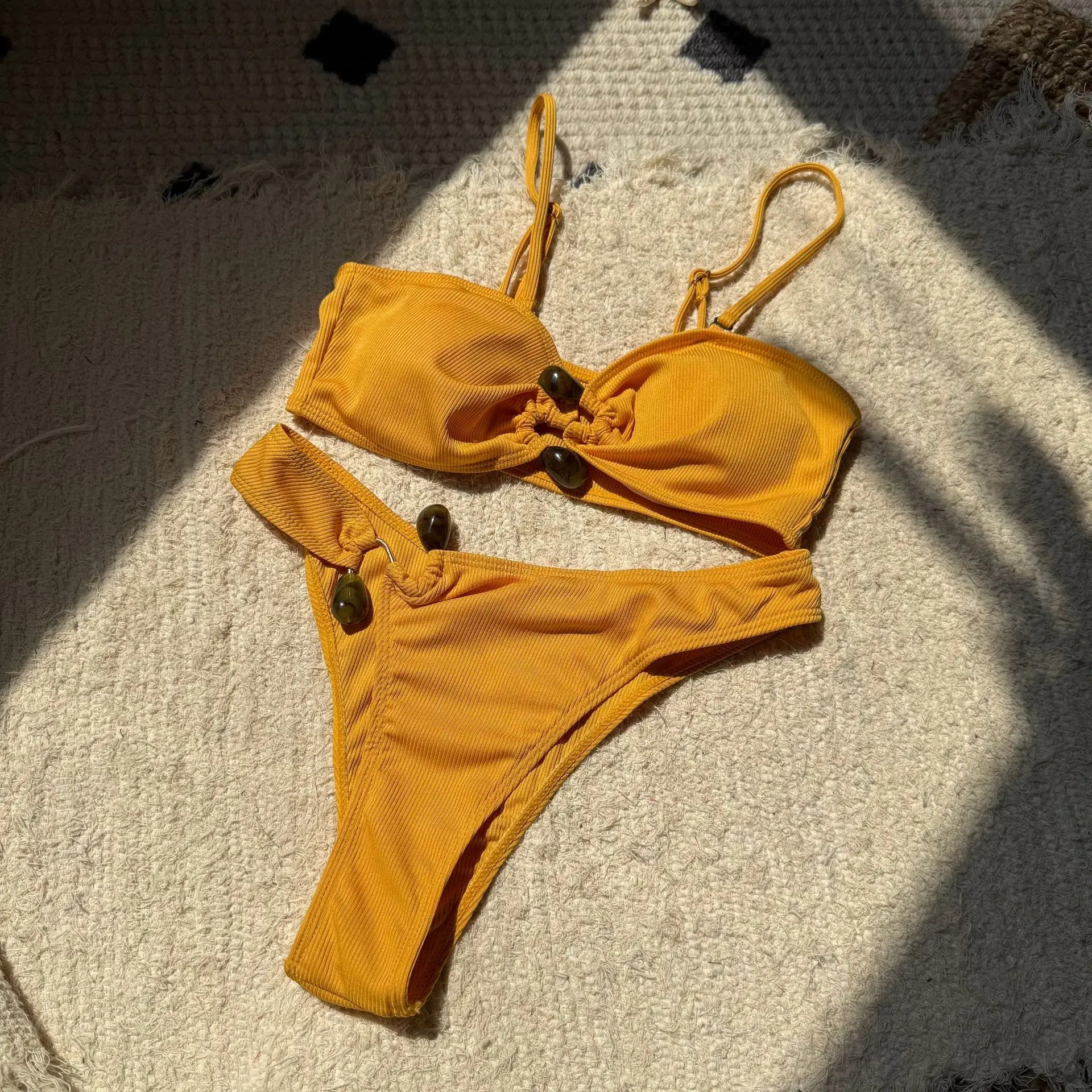 Sexy gerippte, schlichte Bandeau-Bikini-Sets, zweiteilige Badeanzüge mit hoher Taille, Strandmode, Badeanzug, Bademode, Biquini, Tankini