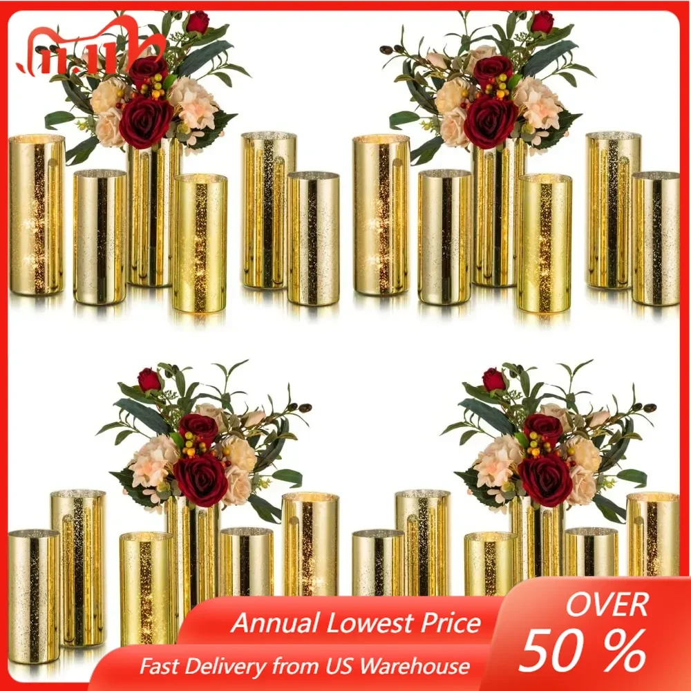 

Cylinder Vases for Centerpieces Bulk: Set of 24 Gold Mercury Glass Vases，Hurricane Candle Holders for Table Centerpiece Wedding.