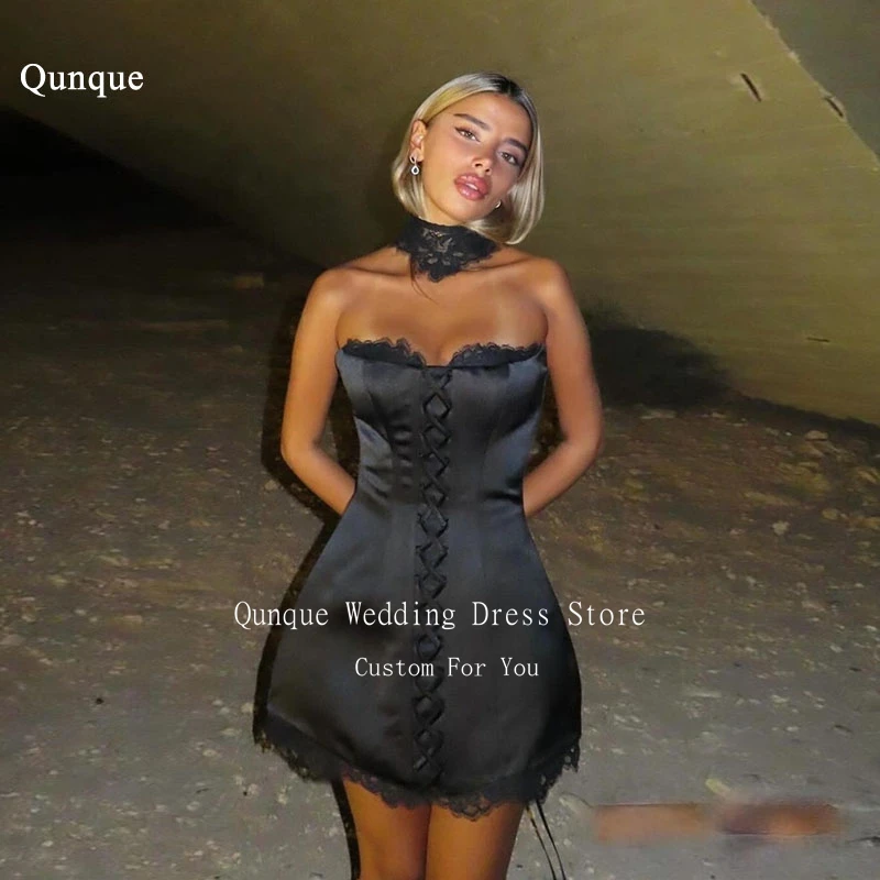 

Qunque Sexy Mini Prom Dresses Sweetheart Black Satin Lace Up Back Dress Party Night Vestidos Para Eventos Especiales Customized