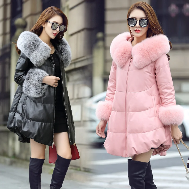 

2023 New 100% Real Sheepskin Coat Female Winter Fox Fur Hooded Duck Down Jacket Women Clothes Korean Genuine Leather D