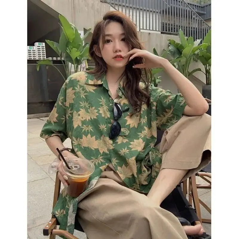 Summer Woman Clothing Leaf Flower Pattern Printing Short Sleeve Shirt Retro Korean Hongkong Japan Style Loose Casual Trend Basic