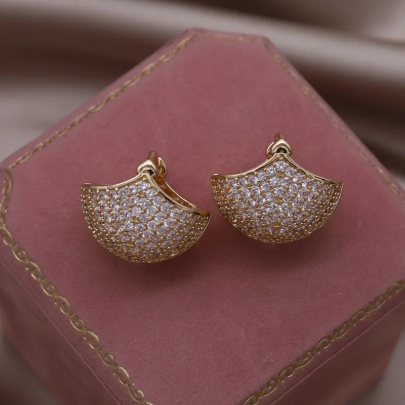 South Korea new design fashion jewelry 14K gold plated luxury zircon fan earrings elegant women's daily work accessories