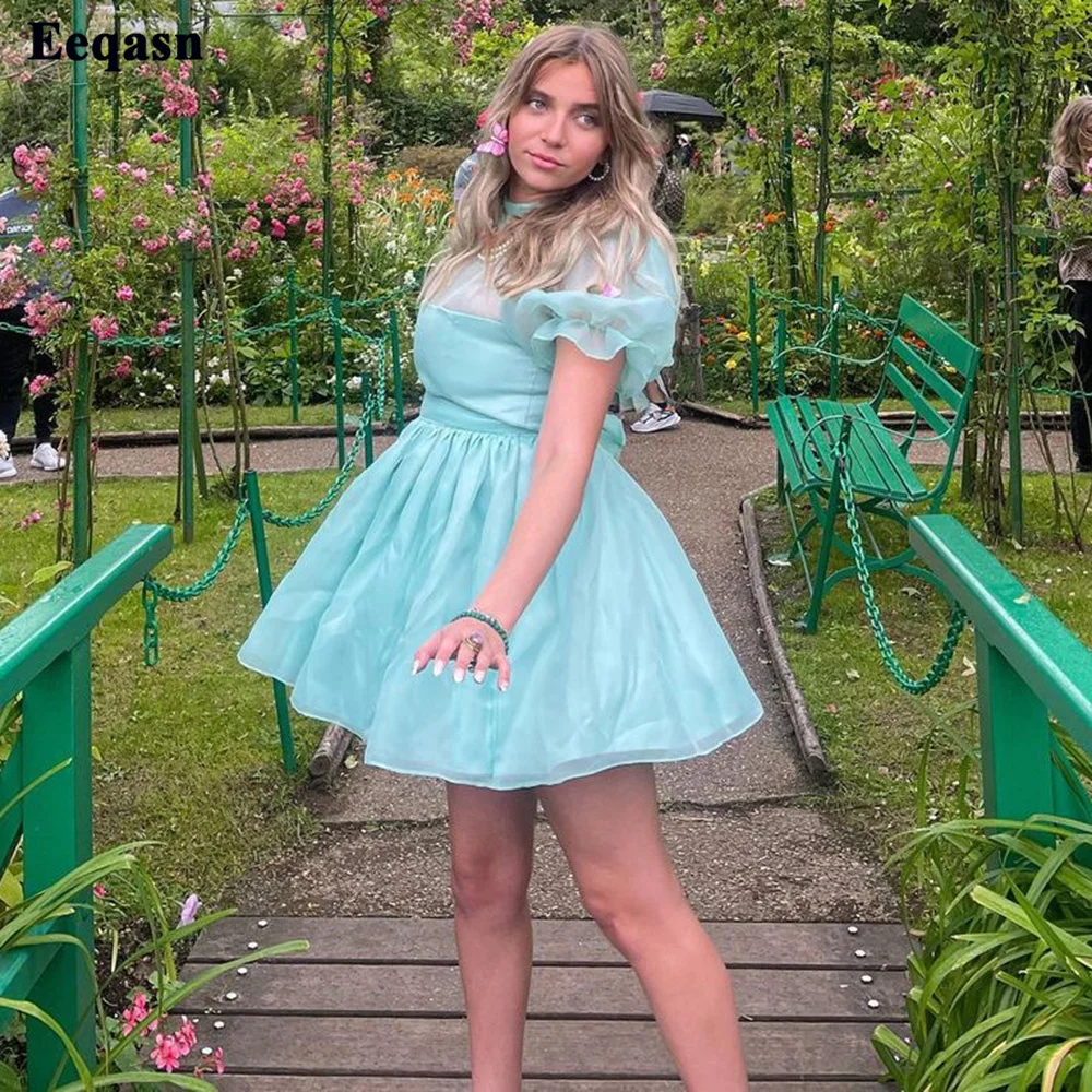 

Eeqasn Mint Green Organza Mini Prom Dresses Short Sleeves High Neck Sashes A Line Above Knee Formal Graduation Homecoming Dress