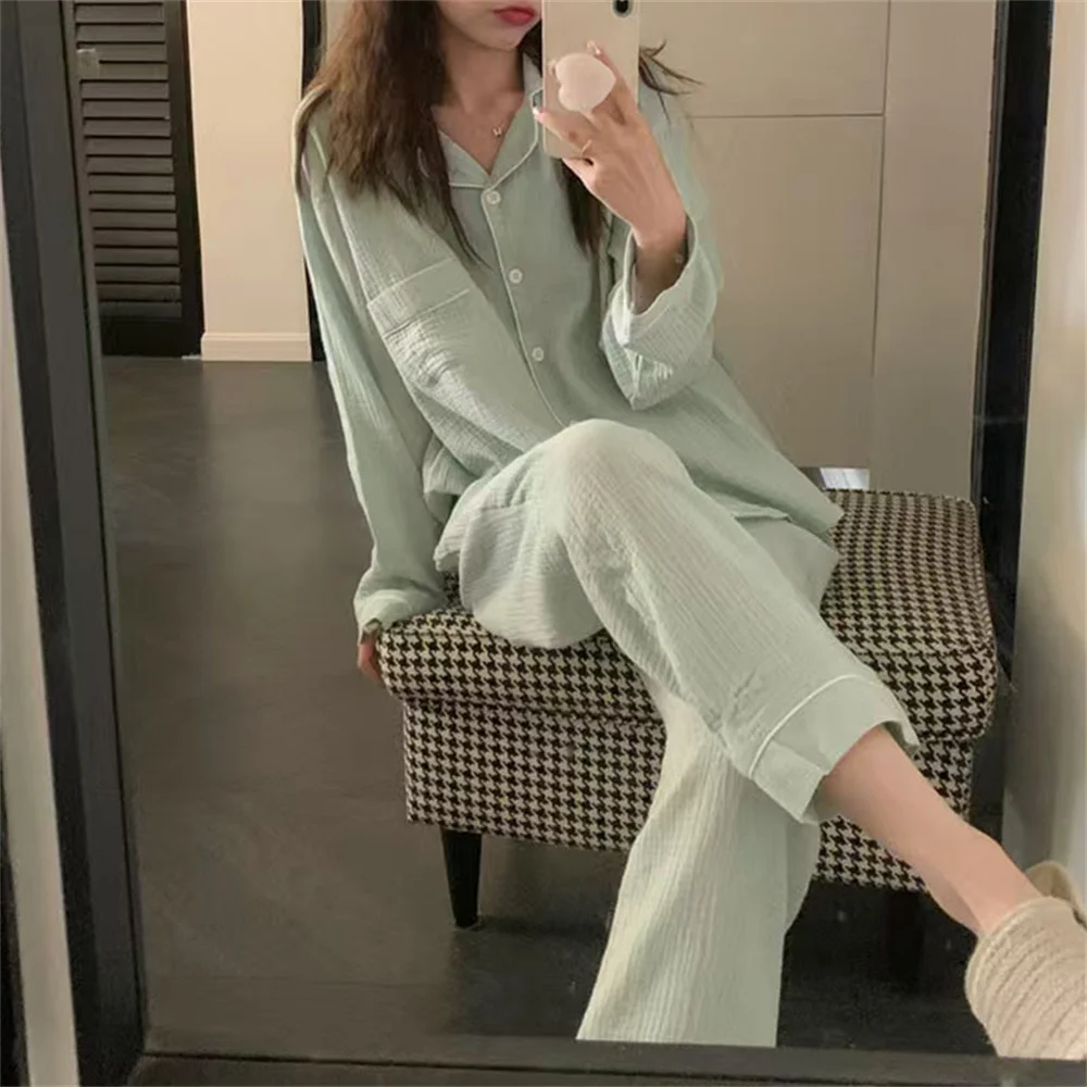 Women\'s Pajamas Sleepwear Set Solid Color Buttons Cardigan Long Sleeve Homewear Casual Home Suit Pijamas Set for Woman