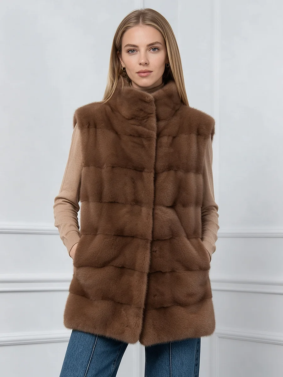 PUAL  Women Brown Faux Mink Fur Vest Stand Collar Sleeveless Winter Warm Luxury Waistcoat