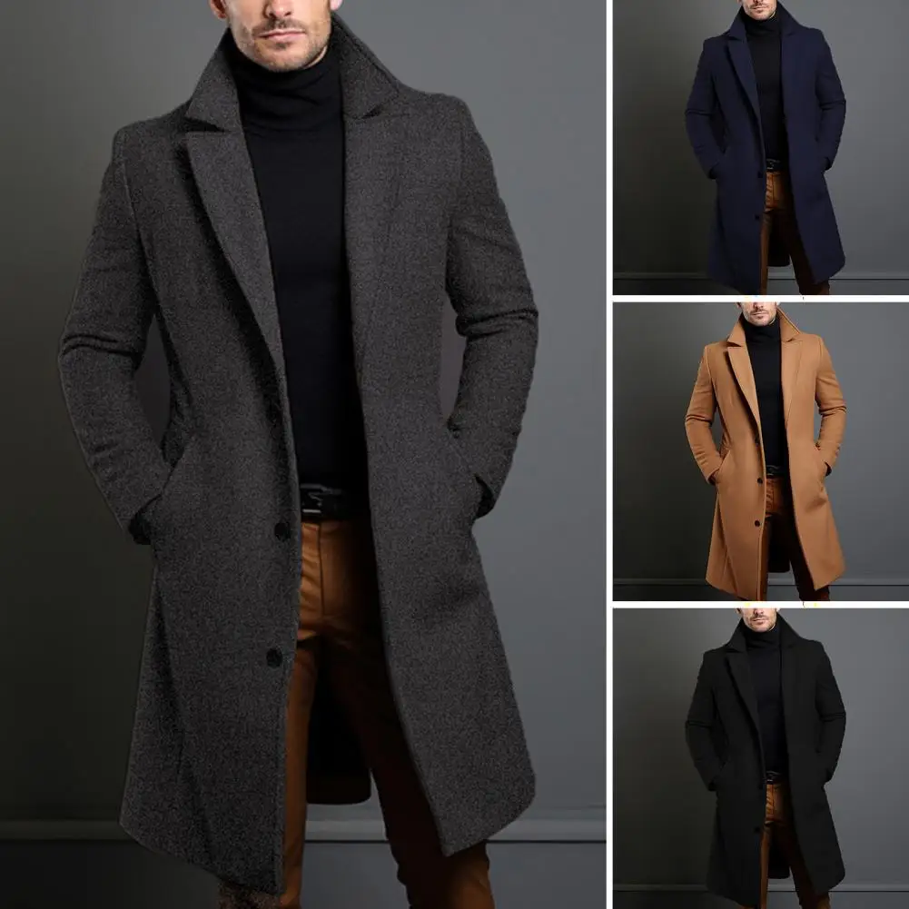 Casaco de lã de comprimento médio masculino com bolsos de lapela, blusão elegante, outwear formal, outono e inverno