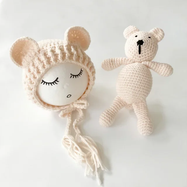 Newborn Photography Props Baby Bear Caps Rabbit Dolls Girls Boy Infant Baby Crochet Knitted Hat Photoshoot Accessories