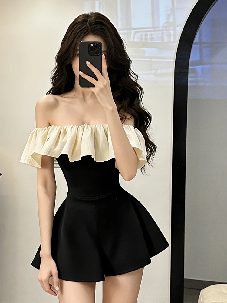 

Женский комбинезон Ele Bla-oulder: весенне-осенний, с завышенной талией, утягивающий, короткие брюки-юбка, для работы, с широкими штанинами