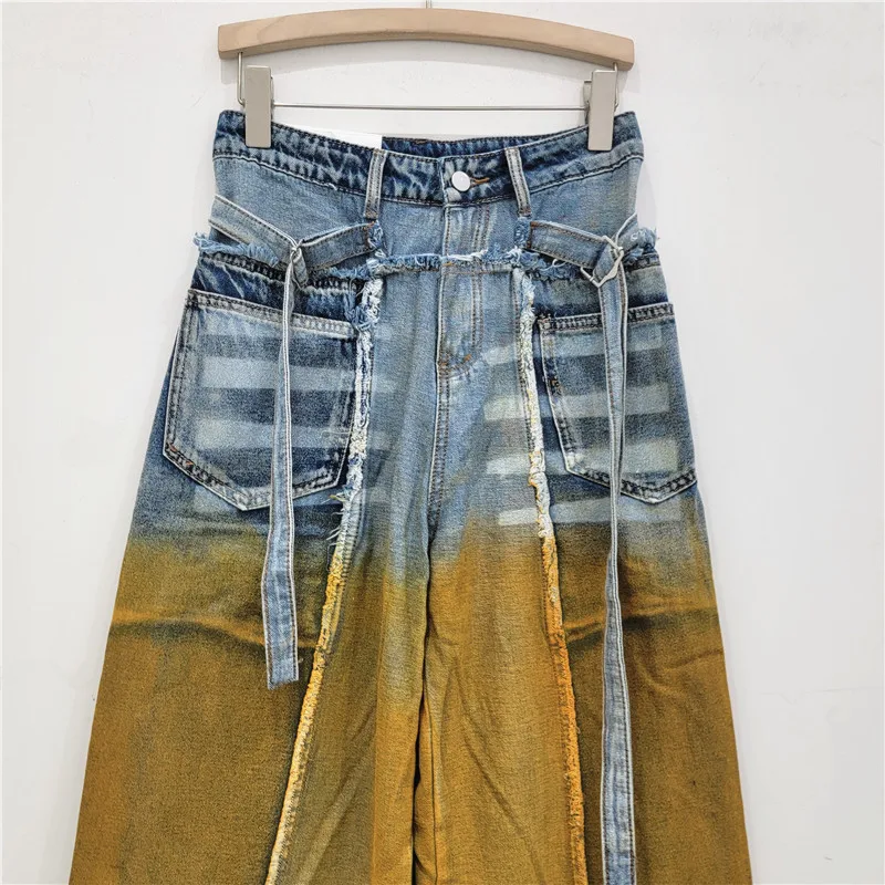 Street Hipster Gradient Color Frayed Worn High Waisted Jeans Women Spring Autumn Loose All-Matching Straight Wide Leg Pants