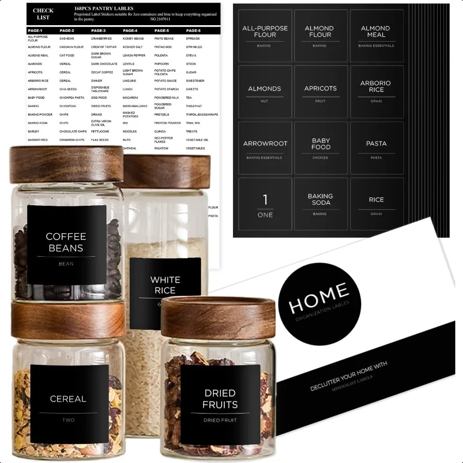 168 Speisekammer-Etiketten für Lebensmittelbehälter, minimalistische schwarze, matte Aufkleber, weißer, feiner Text, vorgedrucktes, wasserfestes Etikett für Glas