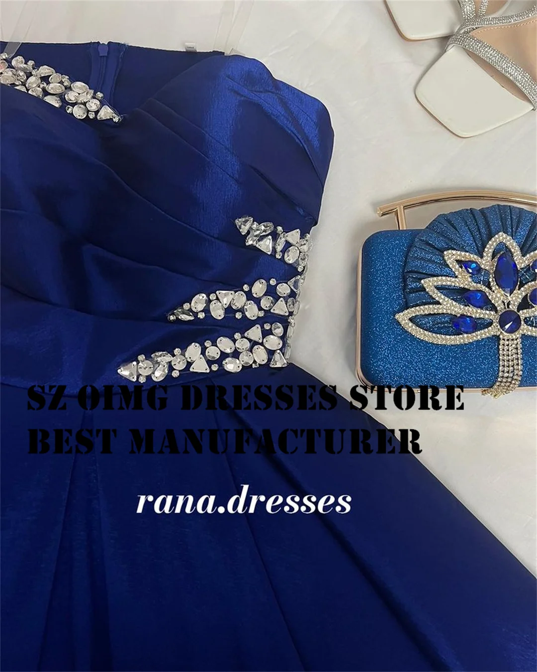 OIMG Elegant One-Shoulder Prom Dresses Sleeveless Blue Crystals Backless Satin A-Line Women Gowns Formal Party Dress Customized