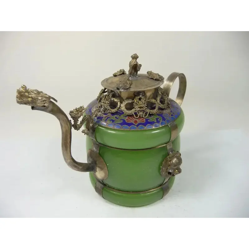 Collectible old china handwork superb jade teapot armored dragon lion monkey lid decoration metal handicraft