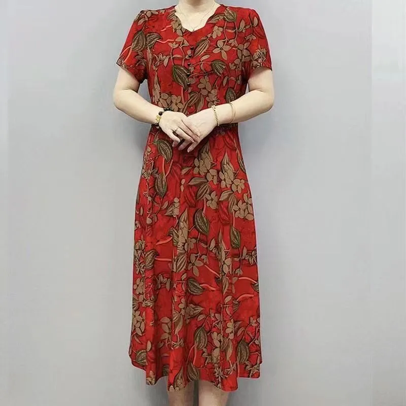 

Women's Red Floral Print Short Sleeve Midi Dress Elastic Waist Elegant Casual Mother's Daily Wear