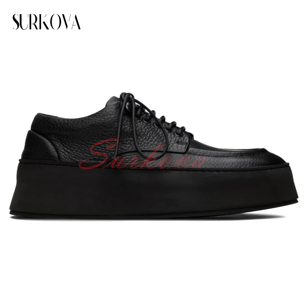 Men's Heightened Platform Lace-Up Casual Shoes Solid Color Round Toe Lychee Genuine Leather Flat Casual Shoes Men's Sneakers New