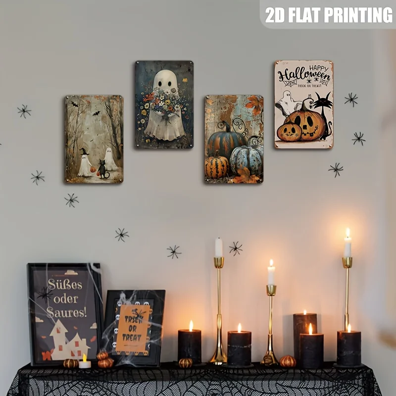 2D Flat,4pcs Vintage Metal Tin Signs Suitable for - Retro Pumpkin & Witch Wall Decor,Heavy-Duty /Outdoor Vertical Hanging Sheets