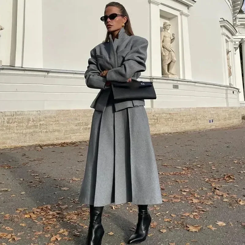 Elegant Grey Blazer Coat Skirt Suits Women Fashion Solid Lapel Full Sleeves Coat Long Pleated Skirt Set Autumn Chic Lady Outfits