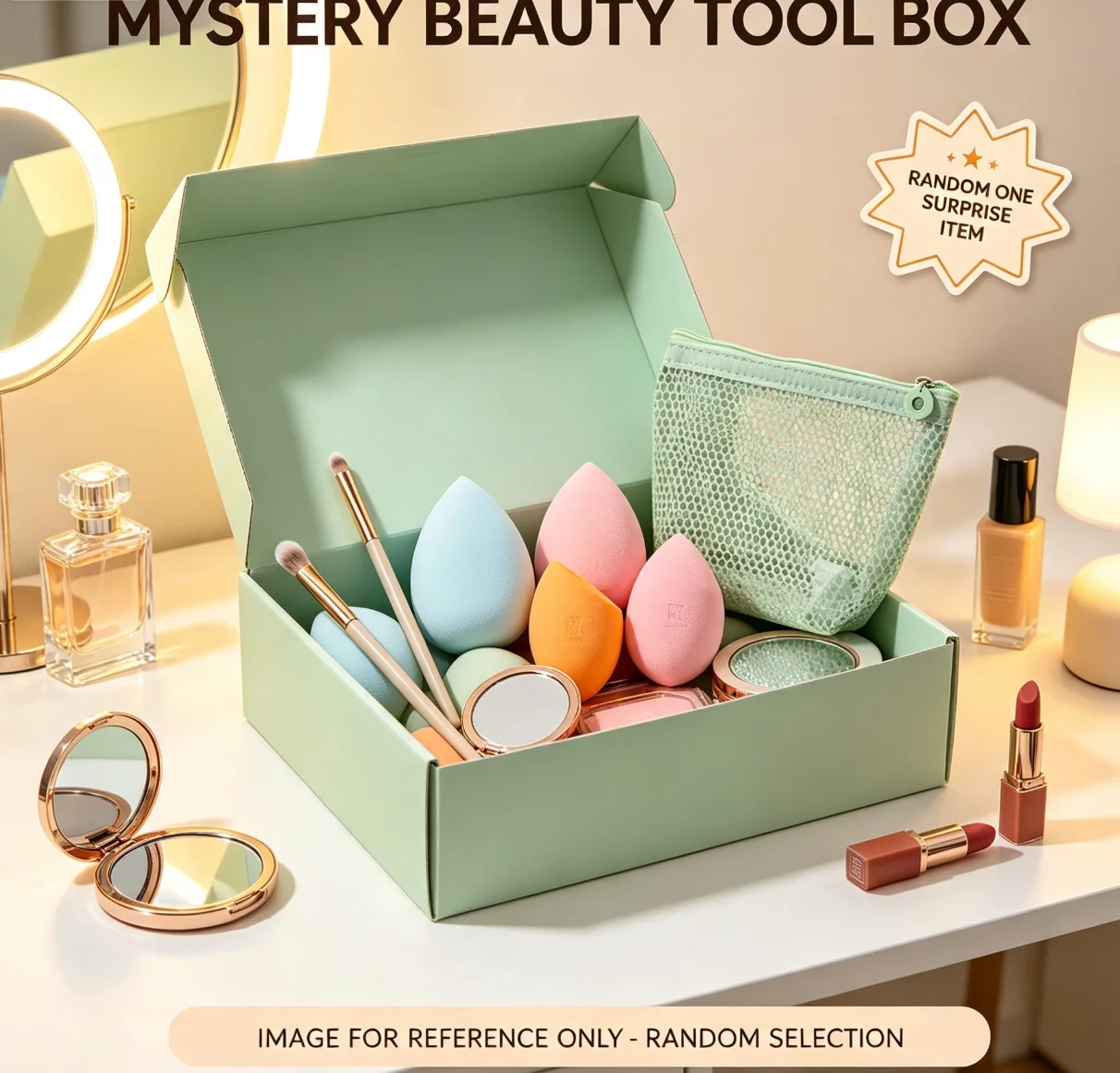 Surprise Random Pick Cosmetic Accessory Mystery Box Beauty Blending Sponge Mini Eyeshadow Brush Green Mesh Makeup Bag Lucky Surprise Box
