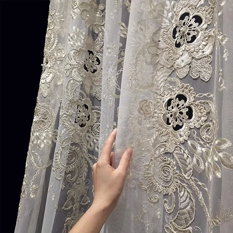 Custom  Size！！European Luxury Embroidered Gauze Hollow High-end Curtains for Living Dining Room Bedroom Jacquard White Decor