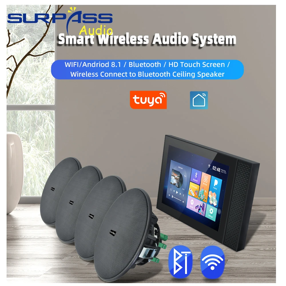 Surpass-sistema de Audio para múltiples habitaciones, amplificador de pared con 4 altavoces activos de techo con dientes azules para cine en casa, WiFi, Tuya, 7 pulgadas