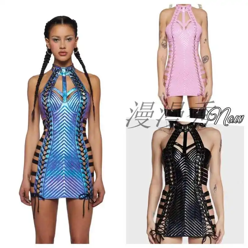 Saia de couro estilo gótico para meninas, alça oca, saia picante, lingwen, pescoço pendurado, saia curta para festival de música, comércio exterior, nova