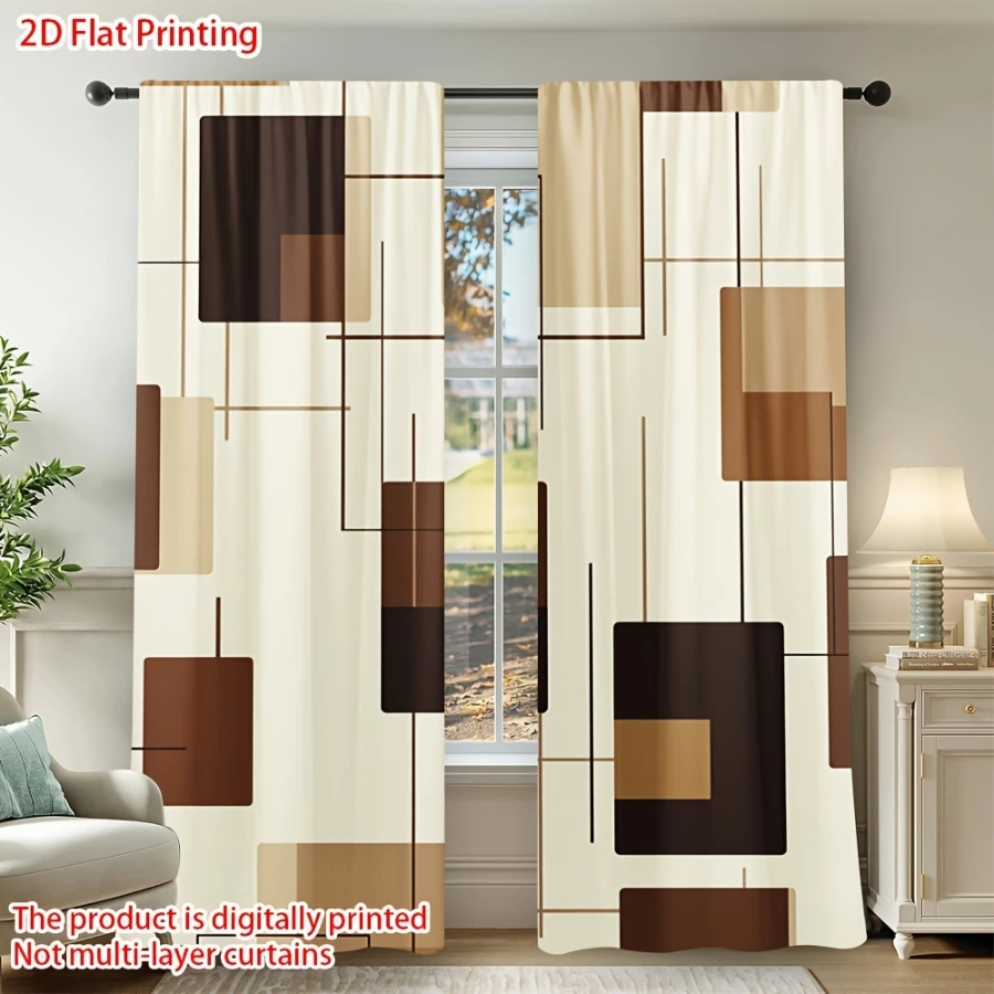 2PCS Digital Printed Curtains, Warm Brown Geometric Pattern, Mid Century Modern Style for Living Room Bedroom Home Decor