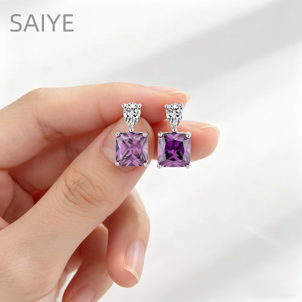 Lila Kristall-Tropfenohrringe für Damen Quadratisch Geschnittener Zirkon 925 Silber Ohrstecker Brautschmuck