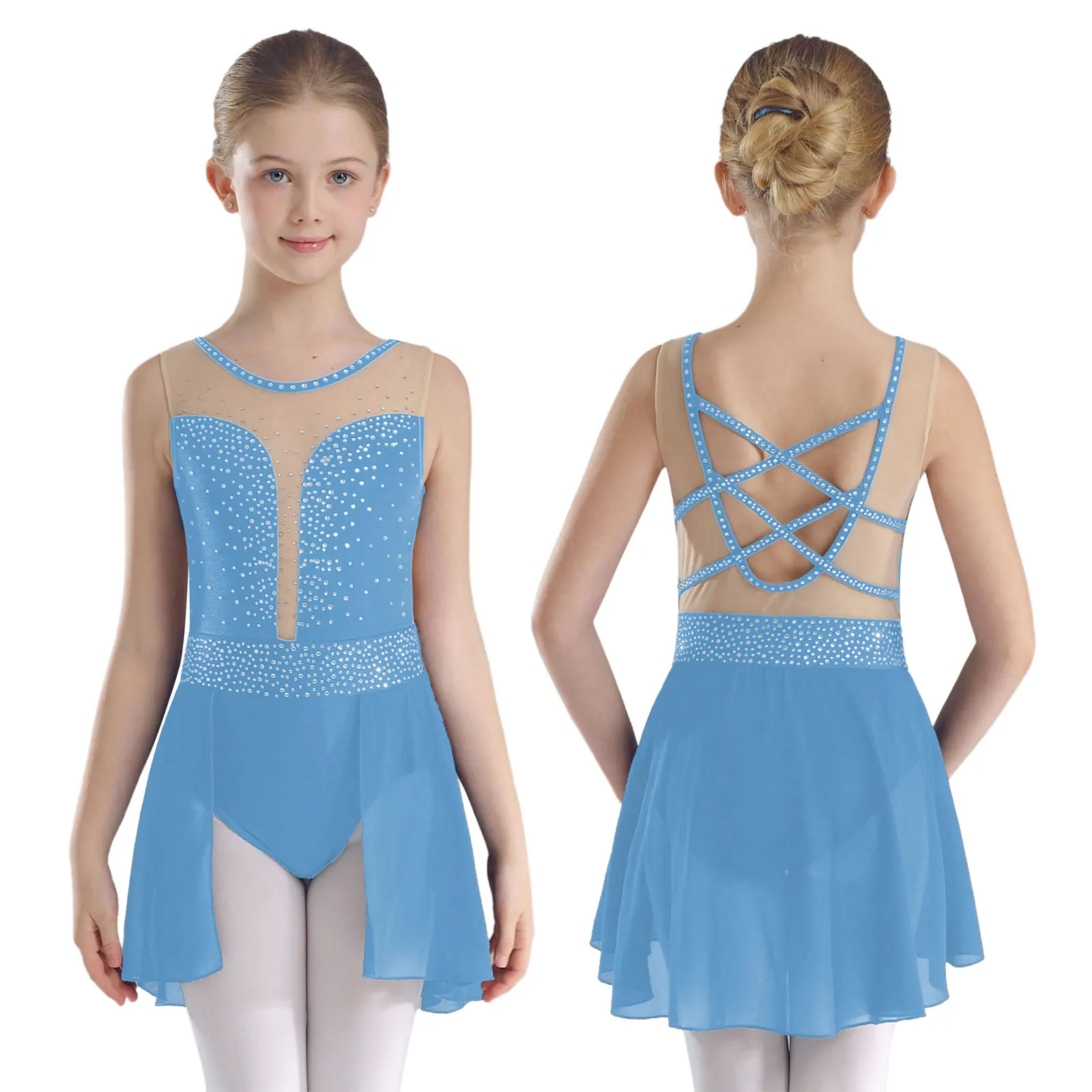 

6-16Y Girls Modern Lyrical Dance Figure Skating Ballet Gymnastics Acrobatics Leotard Sleeveless Rhinestone Mesh Bodysuit Dress