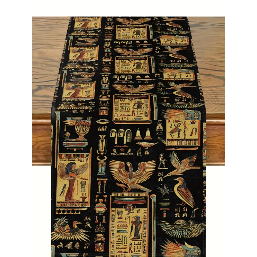 Egyptian Theme Linen Table Runner Holiday Party Decor Geometric Hieroglyphic Symbol Kitchen Dining Table Runners for Table Decor