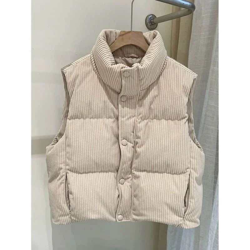 Corduroy Waistcoats Lightweight Adding Cotton Vest Casual Sleeveless Cardigans Vintage Stand-up Collar Jackets Loose Women Tops